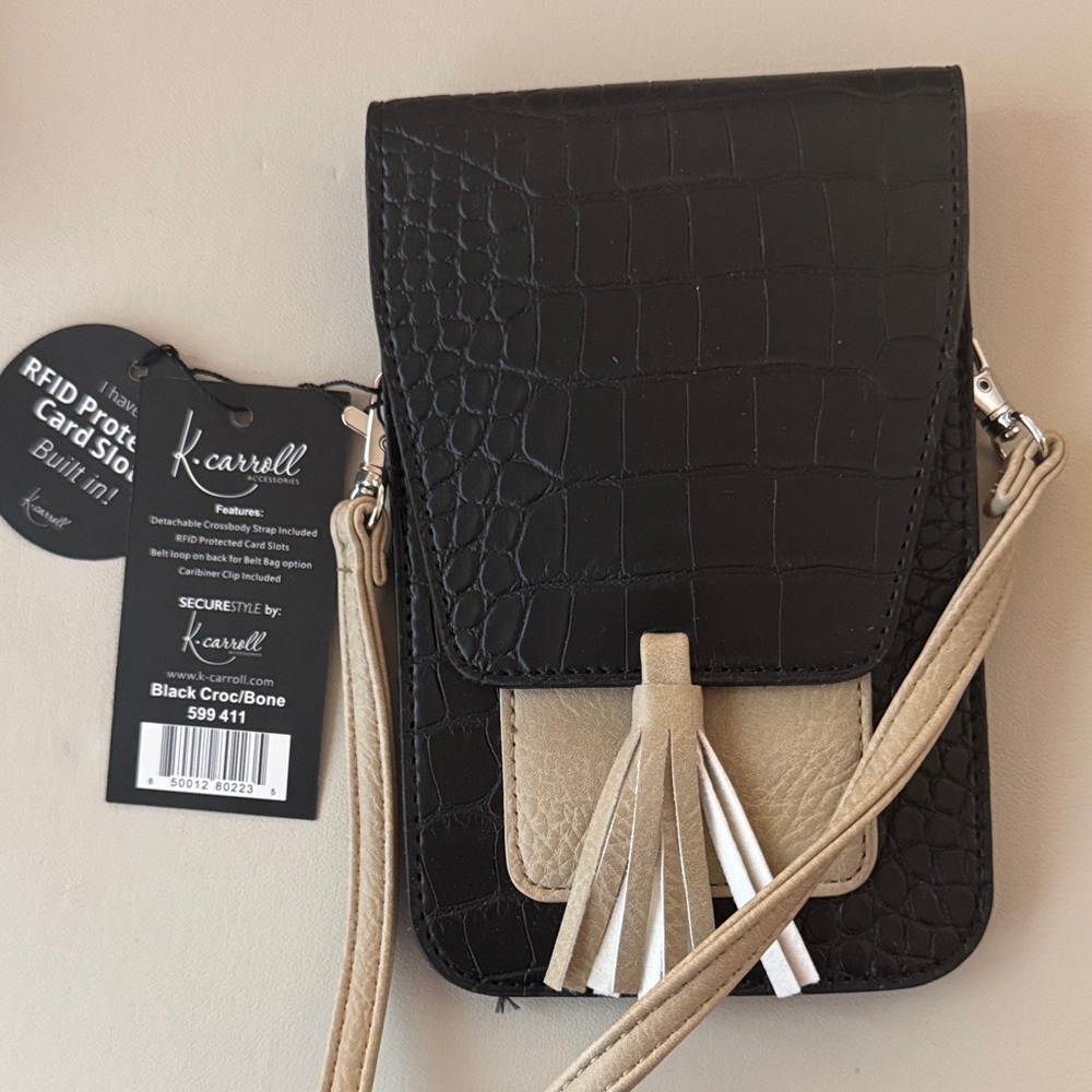 Kcarroll Black and Tan vegan leather Crossbody Bag w RFID built in NWT